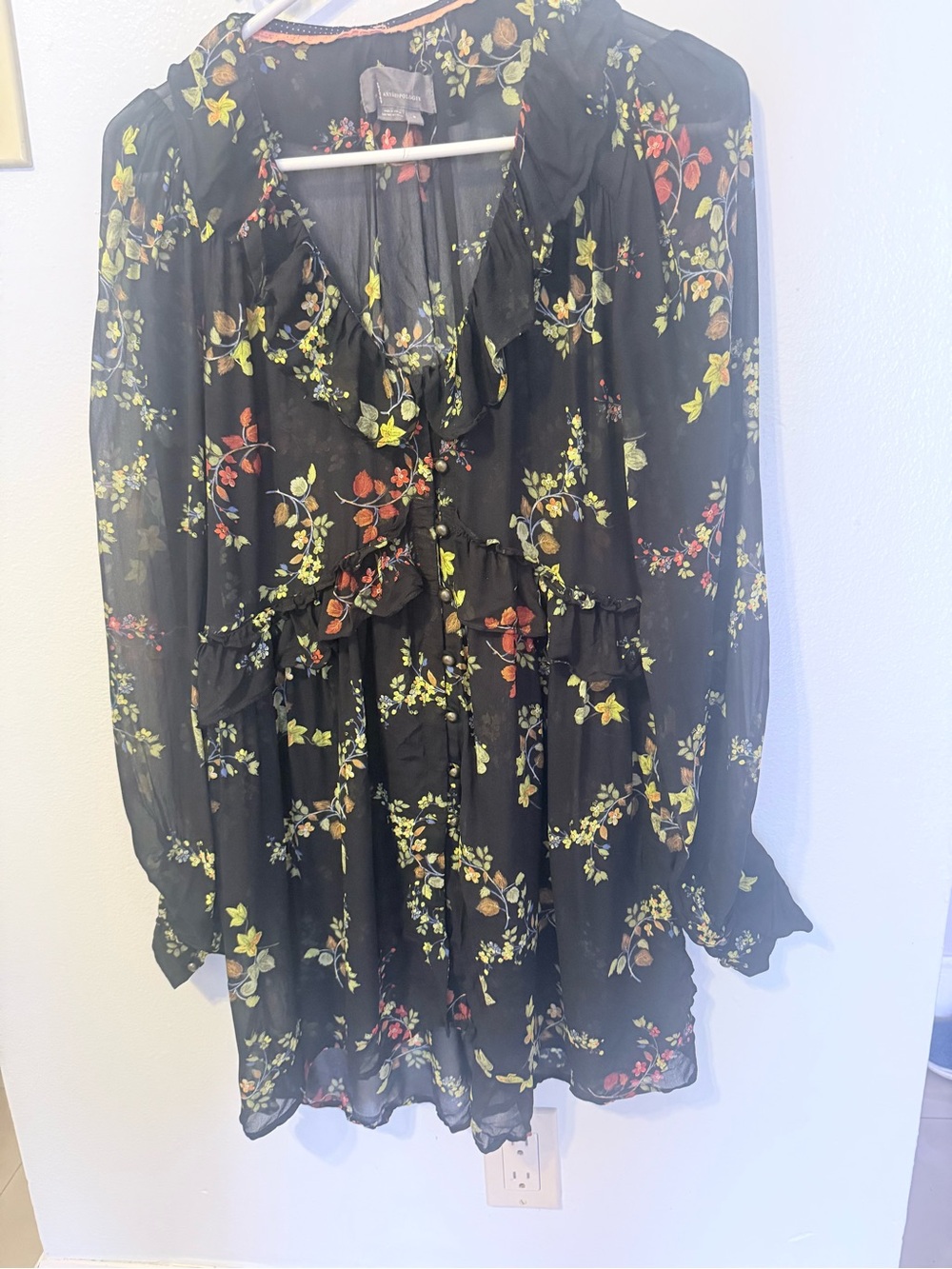 Anthropologie Black Floral Ruffle Tunic